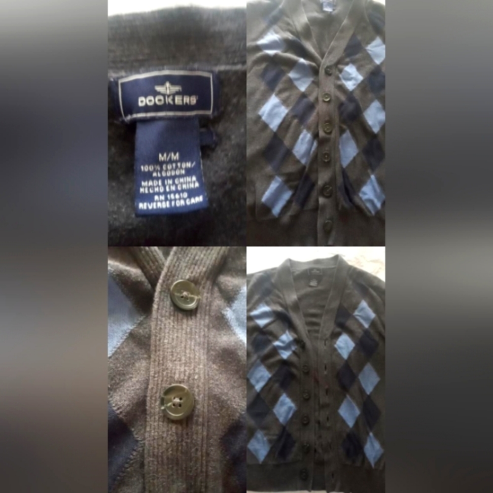 DOCKERS MENS BUTTON UP CARDIGAN. DARK GRAY AND BLUE. MENS SIZE MEDIUM.